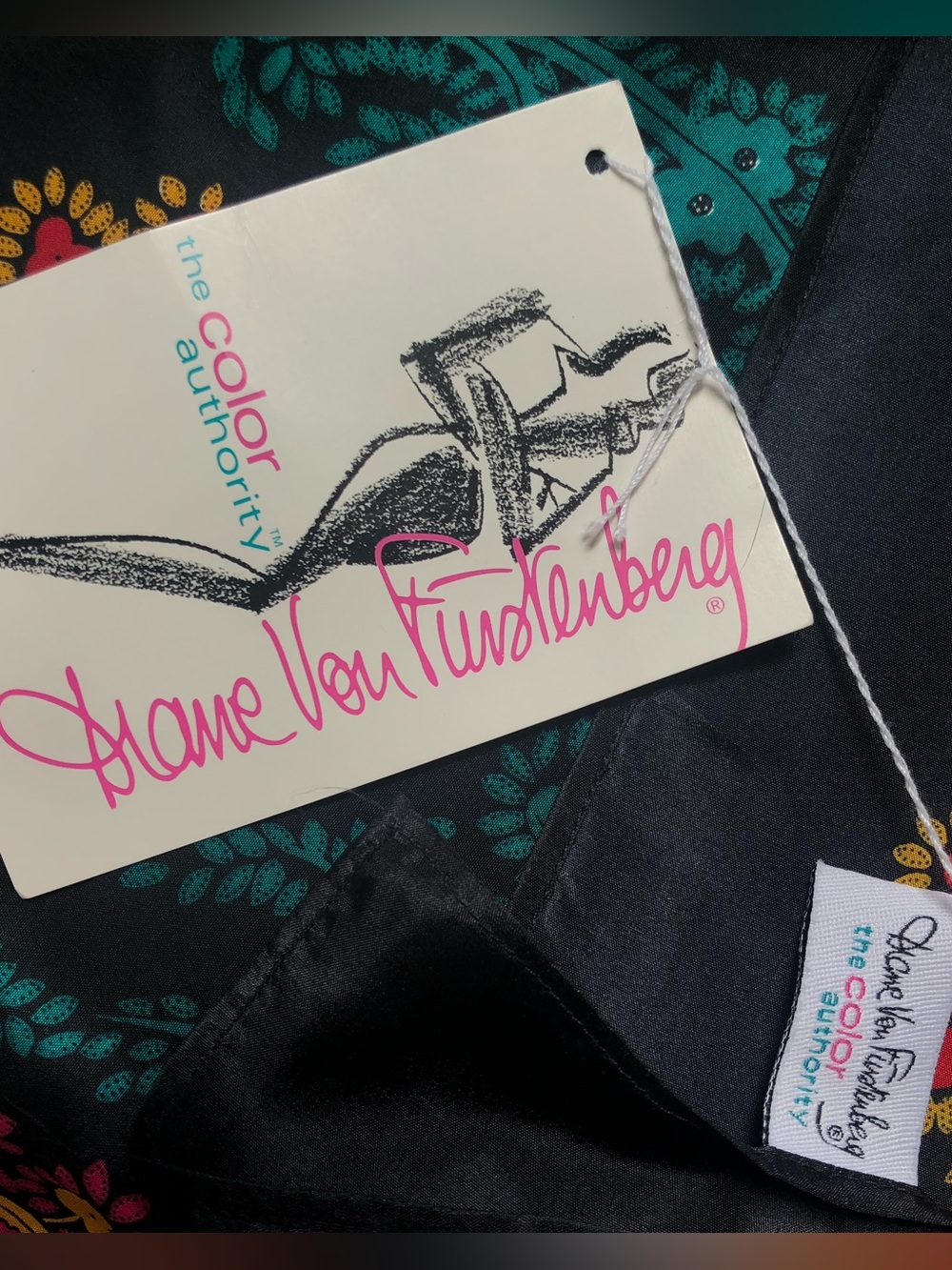 Diane Von Furstenberg Black Scarf with Teal & Pink Paisley Designs - Picture 2 of 5